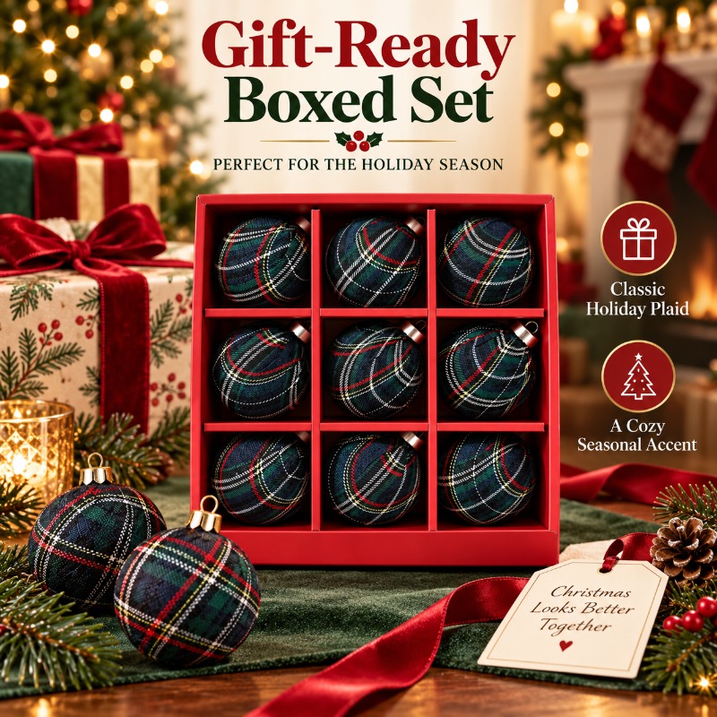 Gift Box Wrap Set - 9 stuks 8cm stoffen kerstballen met