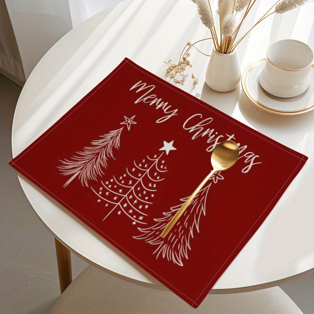 Christmas Table Runner - Minimalistische rode achtergrond, witte, eenvoudige kerstbomen